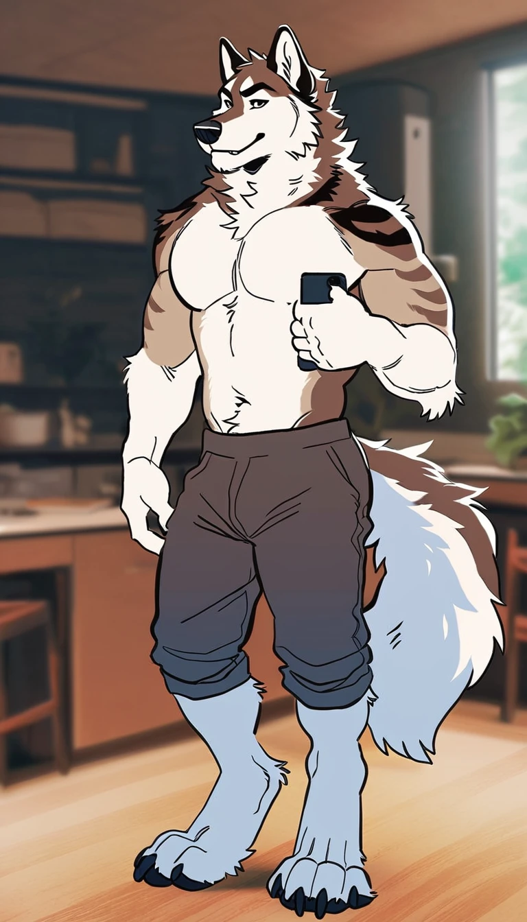 solo, male, anthro (striped husky), by tritscrits, (by botch:0.7), digitigrade, digital artwork, (flat colors:1.3), striped brown husky tail, mature male, sexy, ((detailed background)), athletic, white fur, looking at camera,