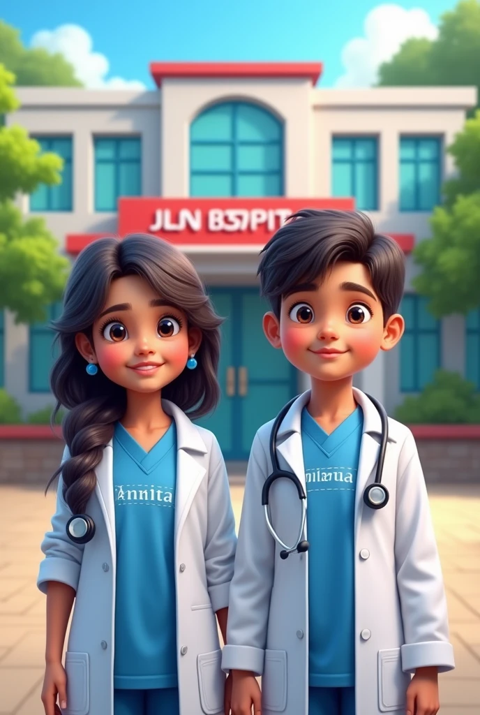 A hospital named JLN Hospital front side a boy Santosh
on t-shirt and a girl Pooja on t shirt are dressed as doctor.