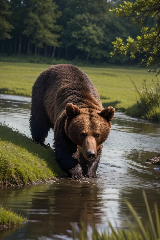 best quality, high quality, ultra quality, 8k, masterpiece, detailed, extremely detailed, insanely detailed, ultra detailed, ultra highres ,exquisite, lifelike Images,cinematic experience,UHD picture,Realistic,photorealistic,hyperrealistic,vivid,RAW photo,shot by DSLR, swamp land, water on the ground, Bear prowling, wet day, bear,