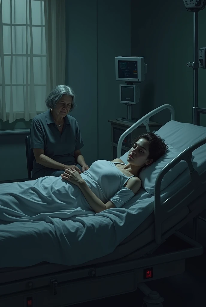 Dark image of a young woman in the hospital and an elderly woman on the other side of the bed her husband