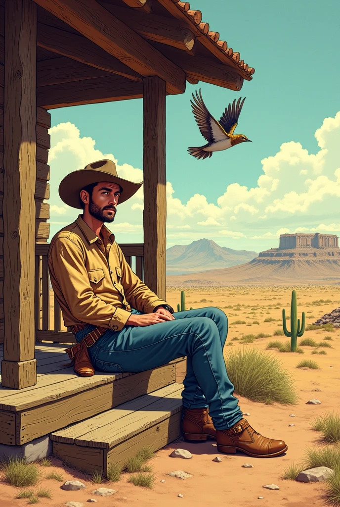 Hyperrealistic color comic 1950s a young cowboy sits on the ranch porch in the desert a lark flies around him