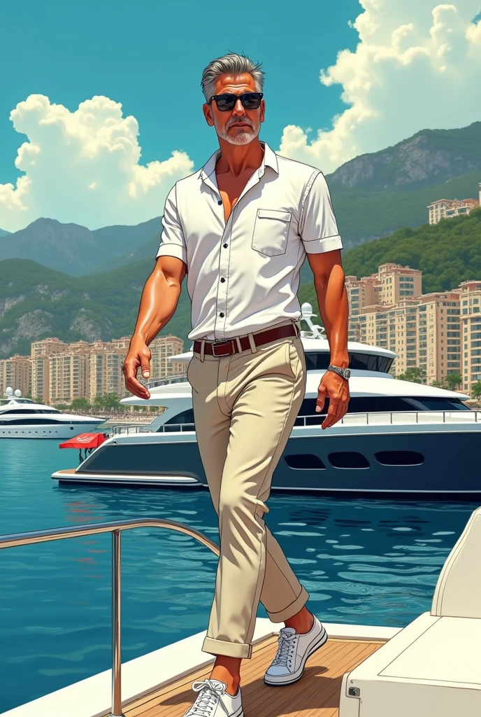 (close mid-shot), ultra detailed 2d cartoon manga concept art illustration, 1man, looks like george clooney in the movie ocean’s eleven, wearing a polo shirt with collar turned up, linen chinos, canvas sneakers without socks, stepping off a mega yacht in monte carlo, evocative composition