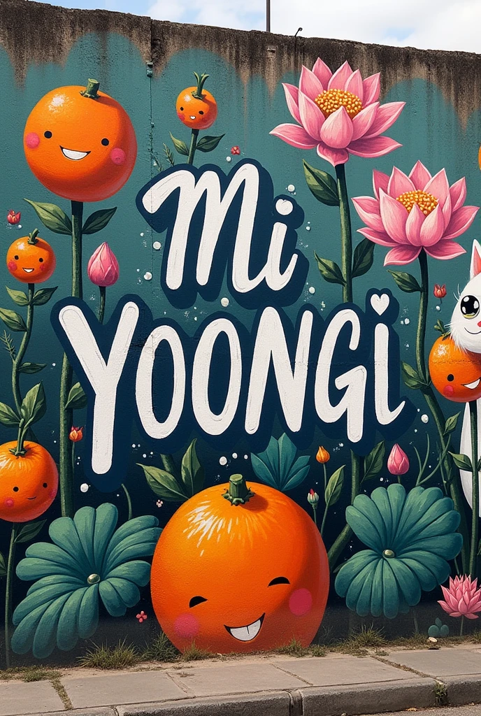 image of a wall on a street in Brazil with graffiti writing on the wall saying 'we love you Mi Yoongi' and a tangerine drawn on it, lotus flowers and a drawing of a cat on the wall.