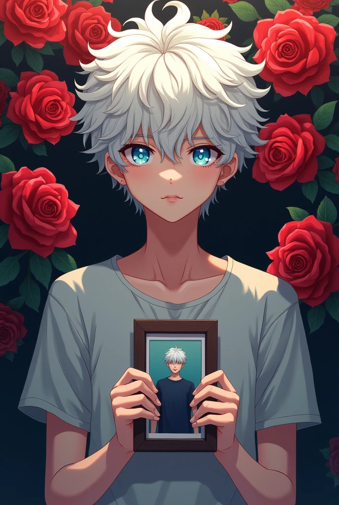 Anime boy with white hair and curly blue eyes, serious attitude with a t-shirt and a photo with a background of red roses behind