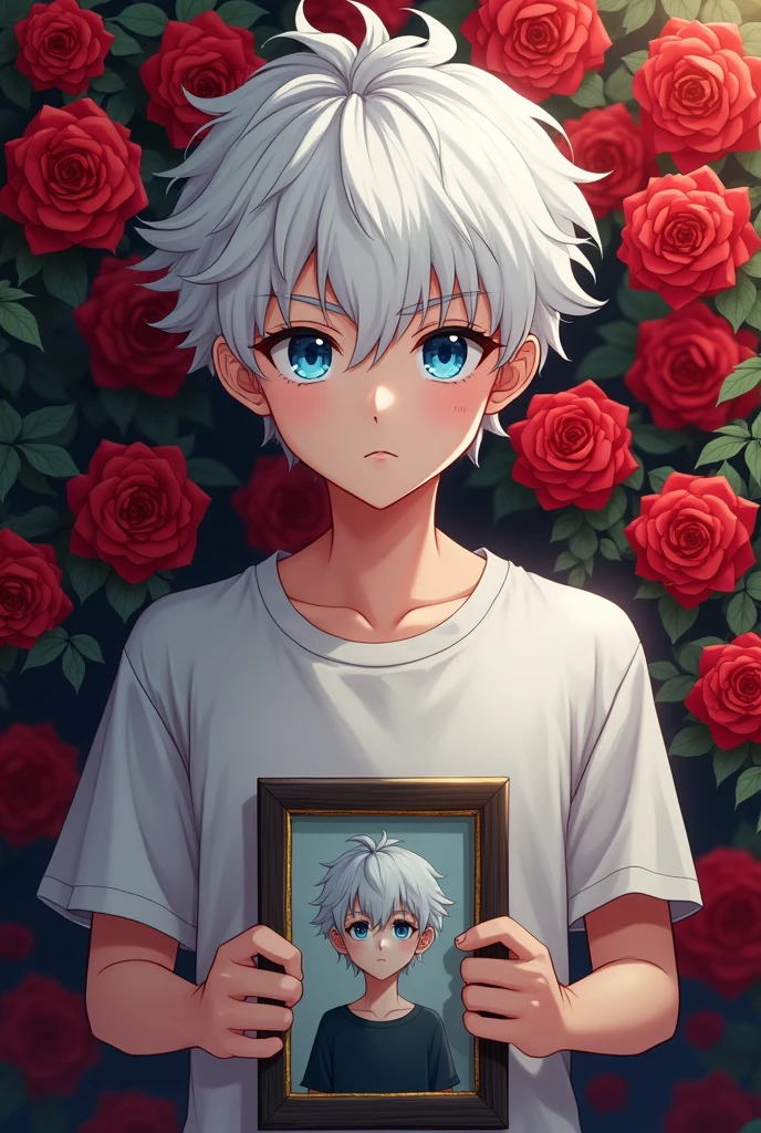 Anime boy with white hair and curly blue eyes, serious attitude with a t-shirt and a photo with a background of red roses behind
