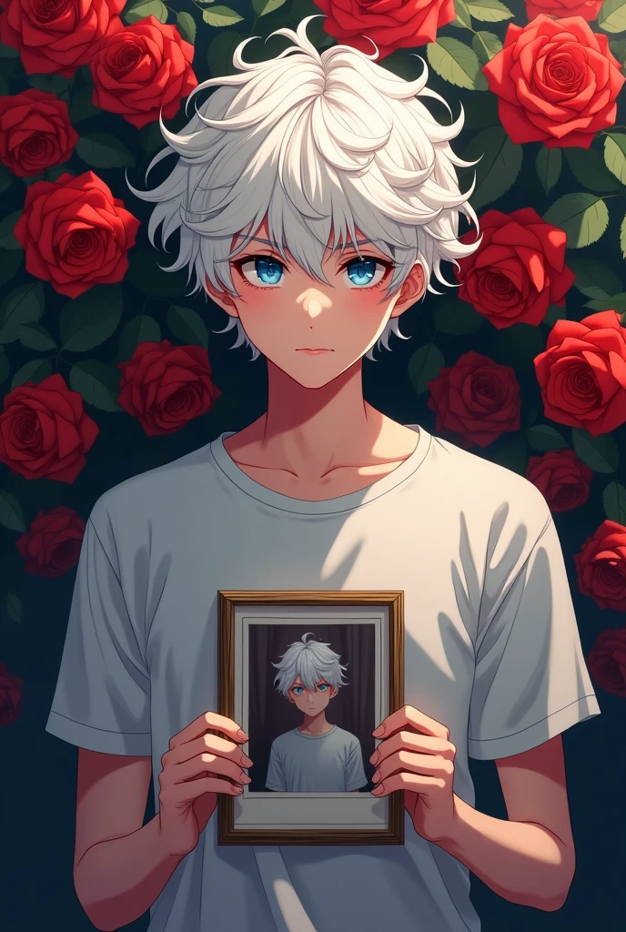Anime boy with white hair and curly blue eyes, serious attitude with a t-shirt and a photo with a background of red roses behind