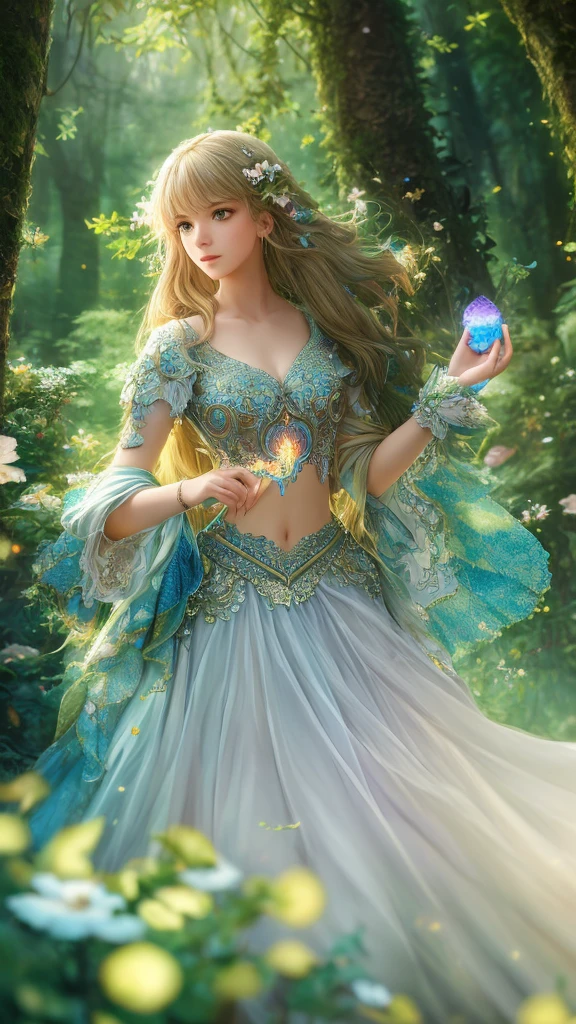 masterpiece, best quality, high quality,extremely detailed CG unity 8k wallpaper, An enchanting and dreamy scene of a fantasy forest, with towering trees, glowing mushrooms, and hidden fairy glens, creating a sense of mystique and enchantment, artstation, digital illustration, intricate, trending, pastel colors, oil paiting, award winning photography, Bokeh, Depth of Field, HDR, bloom, Chromatic Aberration ,Photorealistic,extremely detailed, trending on artstation, trending on CGsociety, Intricate, High Detail, dramatic, art by midjourney.the girl dance in this