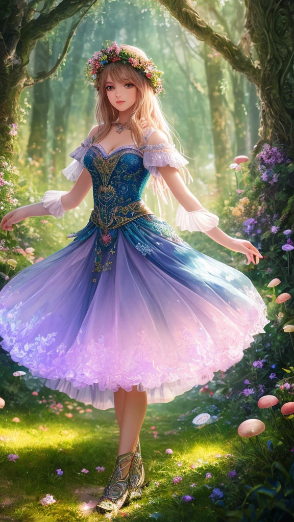 masterpiece, best quality, high quality,extremely detailed CG unity 8k wallpaper, An enchanting and dreamy scene of a fantasy forest, with towering trees, glowing mushrooms, and hidden fairy glens, creating a sense of mystique and enchantment, artstation, digital illustration, intricate, trending, pastel colors, oil paiting, award winning photography, Bokeh, Depth of Field, HDR, bloom, Chromatic Aberration ,Photorealistic,extremely detailed, trending on artstation, trending on CGsociety, Intricate, High Detail, dramatic, art by midjourney.the girl dance in this