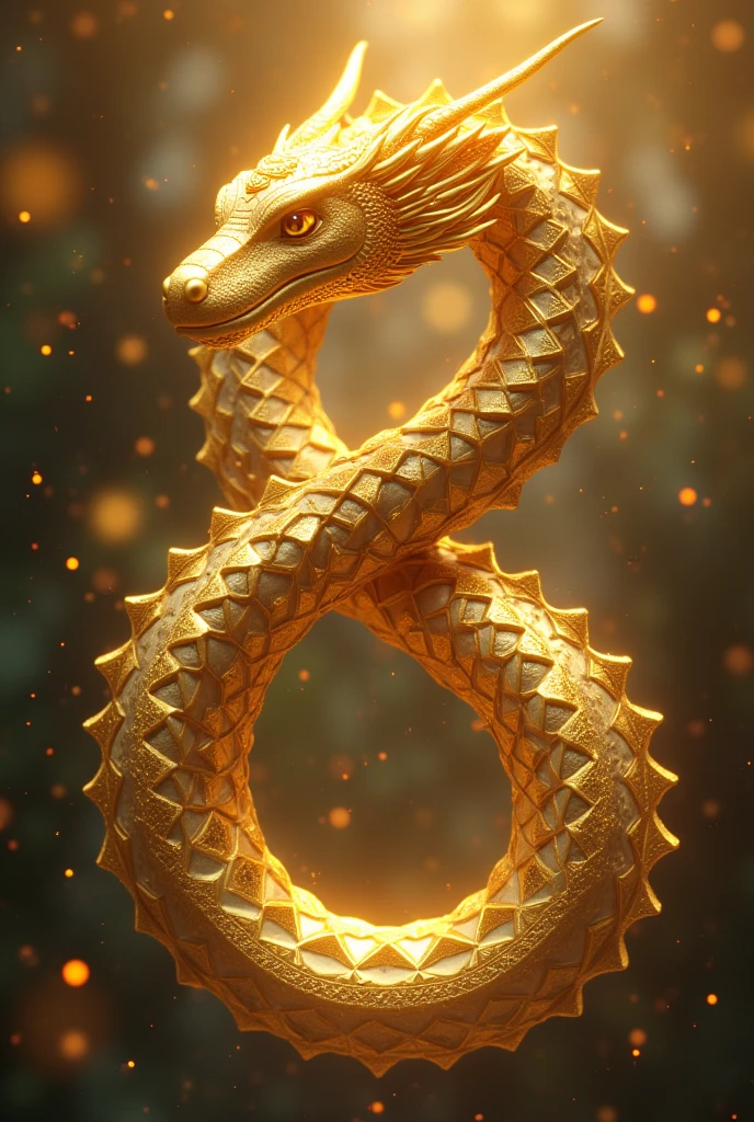 A golden snake with golden veins and edges, in addition to sacred geometries and mystical symbols of golden roses on its black dragon body with golden details with a loving gaze and body forming an 8