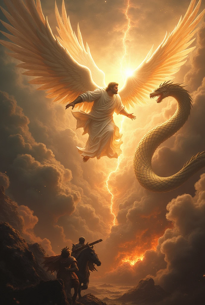 Apocalypse Then there was a great battle in heaven: Michael and his angels fought against the dragon; and the dragon and his angels fought; but they did not prevail, nor was there any longer a place for them in heaven. And the great dragon was cast out., the ancient serpent, which is called devil and Satan, who deceives the whole world; was thrown to the ground, and his angels were thrown down with him.