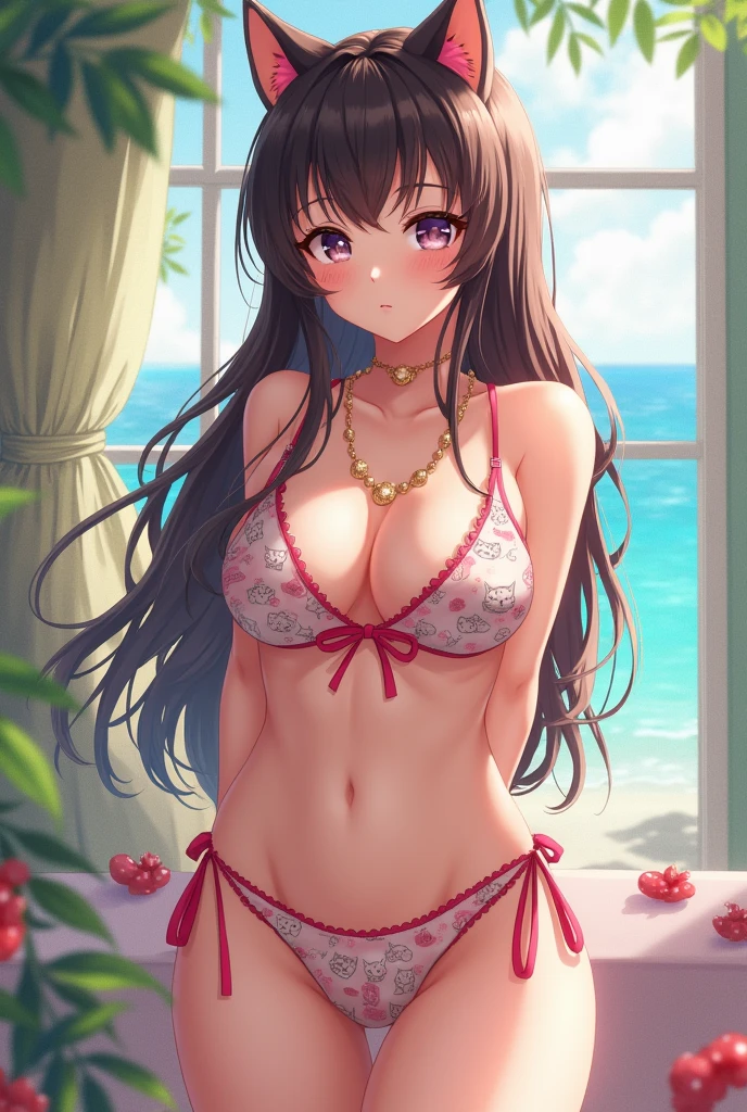 Generates the image of an anime girl with very large breasts in a kitty bikini