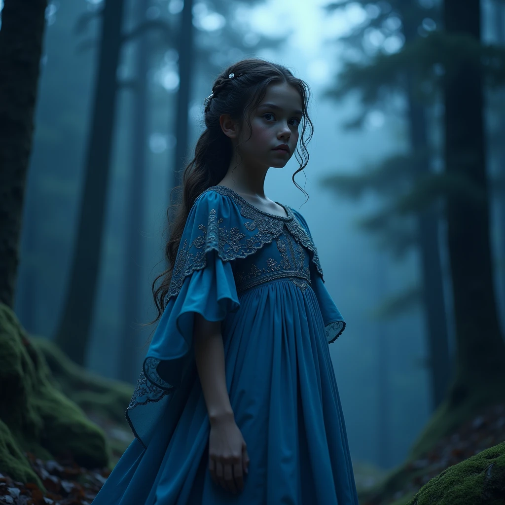 A medieval-era child from a 10-year-old fantasy world with blue eyes and black hair
