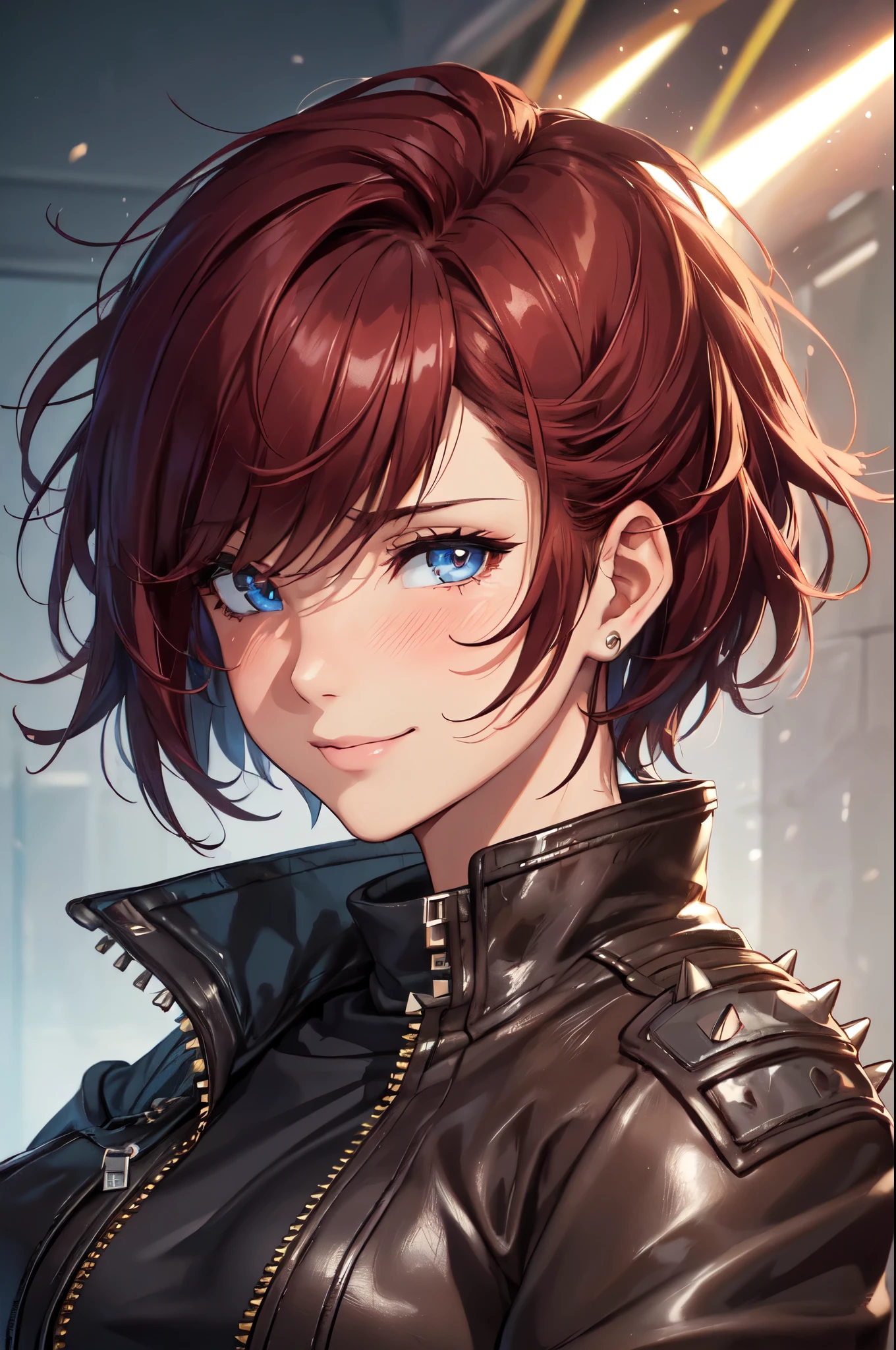 (High quality, High resolution, Fine details), (Very short cut), spiky hair, Leather jacket, solo, curvy adult women, Colorful hair with red base, sparkling eyes, (Detailed eyes:1.2), smile, blush, Sweat, Oily skin, close-up portrait, Soft tones, shallow depth of field