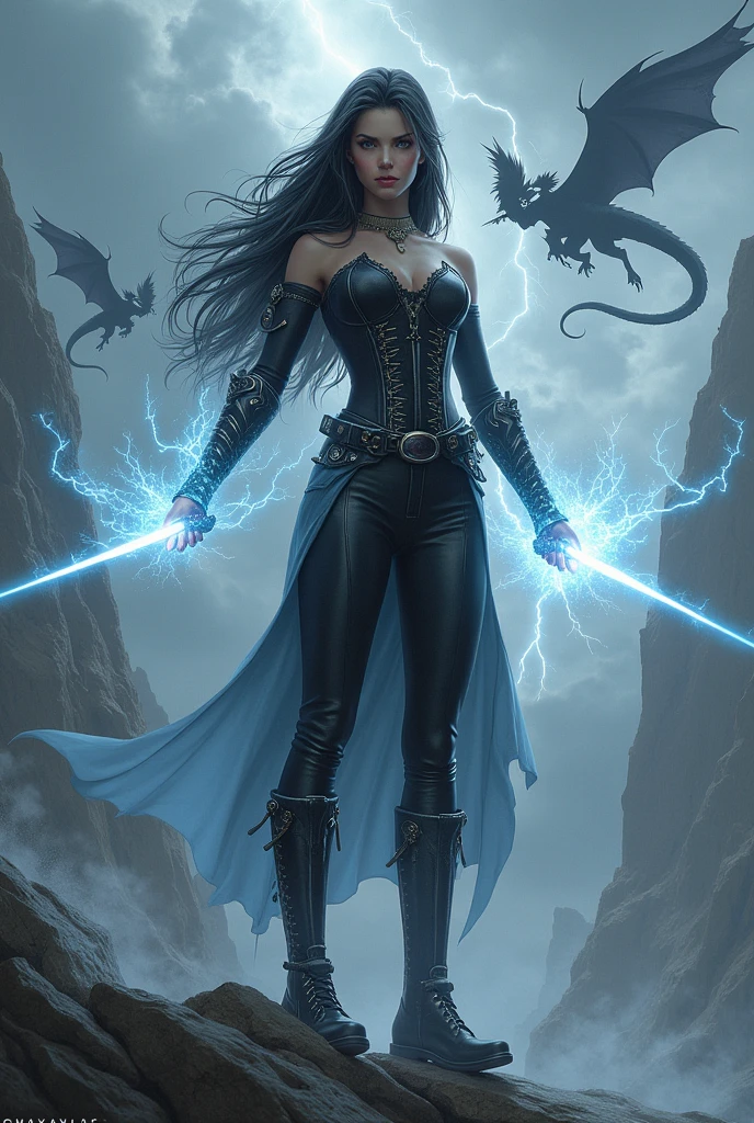 Woman in tight black leather pants, black soldier boots, a long-sleeved corset with swords attached around her waist, Her hair is black with silver, abundant and long. His black eyes, full lips, eyebrows and eyelashes thick and she is blushing from the cold. his expression is serious. From his hands rays come out that go straight to the sky, the sky is grey and full of lightning. She is standing on top of a grey mountain. And in the sky giant dragons with riders