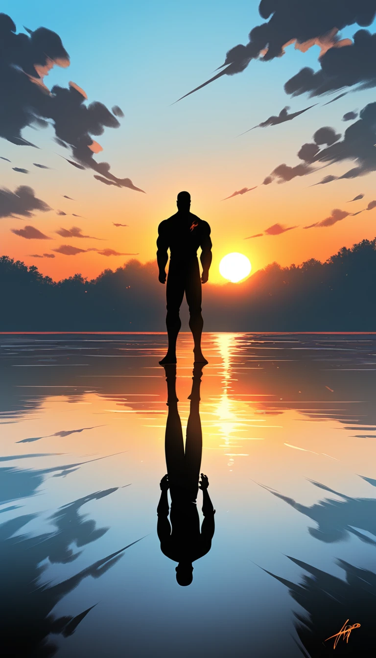 A Strong Buddhist muscular man stands in the smoke, Black jumpsuit, Very tight, Silhouette effect, Tall muscular man, Priapus, Dark Black, Dark black skin, Buzz Cut, His muscles are very developed, Very tall, short hair, Blend into the smoke, Lake, Reflection, Sunset, Sunset, Man silhouette, Chinese, black and white, Simple style