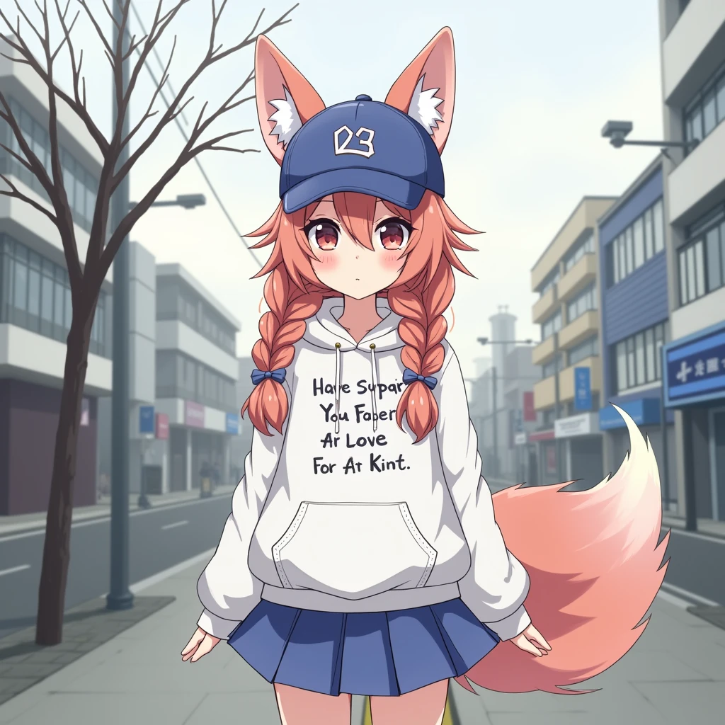 1 girl, adolescent, (animal ears), straight, Whole body, looking at the viewer, hair between the eyes, hair ornament, multicolor fur, twin braids, Fox tail, (multiple queues:1.3), insignia, hits, (blue baseball cap:1.2), clothing writing, White clothes, hood, hood down, standing, long sleeves, Closed mouth, (blue skirt:1.05), Alone, (light blush:0.9), bare tree, building, city, cityscape, day, outdoor, street, such (city), tree