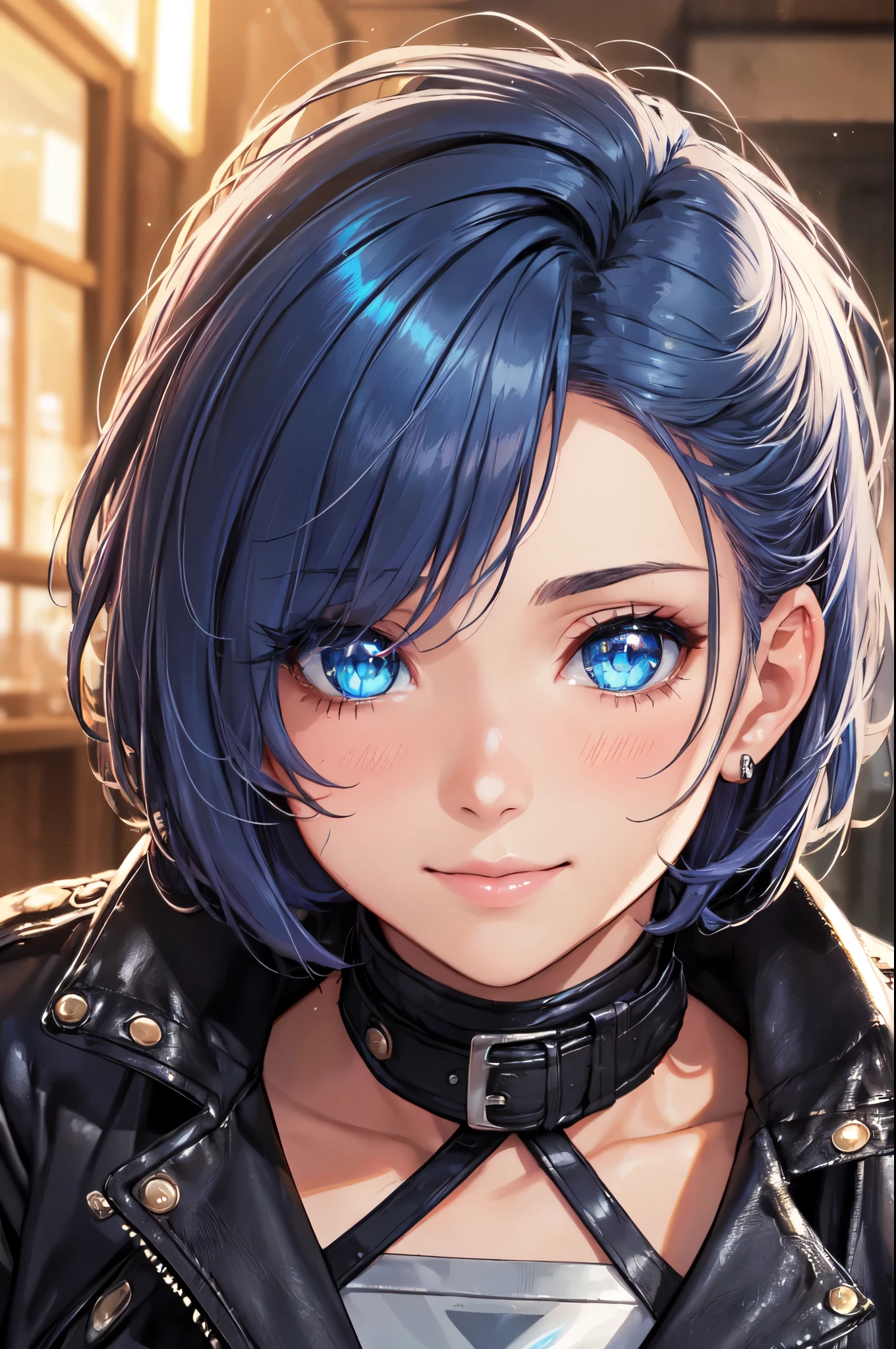 (High quality, High resolution, Fine details), (Very short hair), shaggy hair, Leather jacket, solo, curvy adult women, Colorful hair with blue base, sparkling eyes, (Detailed eyes:1.2), smile, blush, Sweat, Oily skin, close-up portrait, Soft tones, shallow depth of field