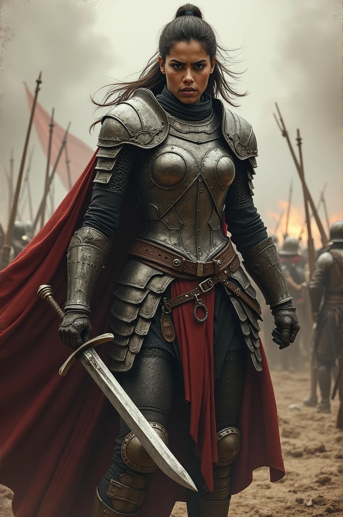 Shriya Saran in strong body ((iron Armour)) ((ponitail hair)) shouting face, iron sword,war ground in background 