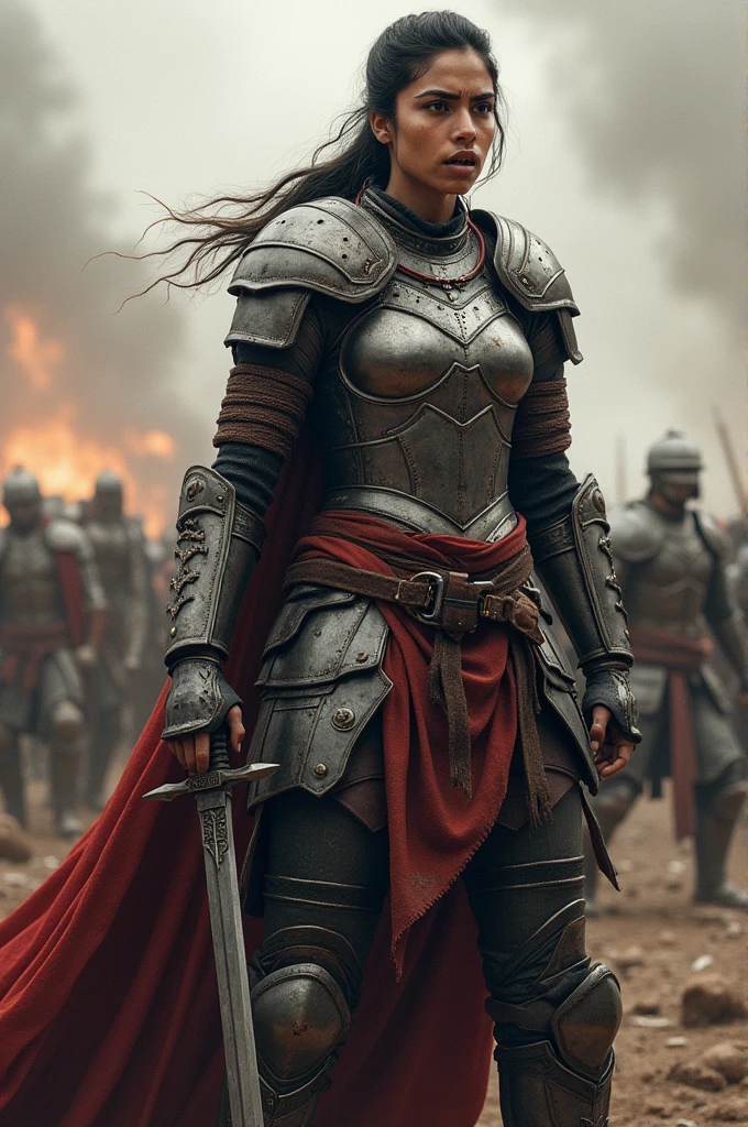 Shriya Saran in strong body ((iron Armour)) ((ponitail hair)) shouting face, iron sword,war ground in background