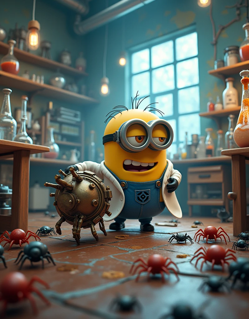 Minion Kevin wearing a scientist suit pushes a large machine towards the spiders,The scene creates a small explosion. The lab was in chaos with equipment scattered everywhere..