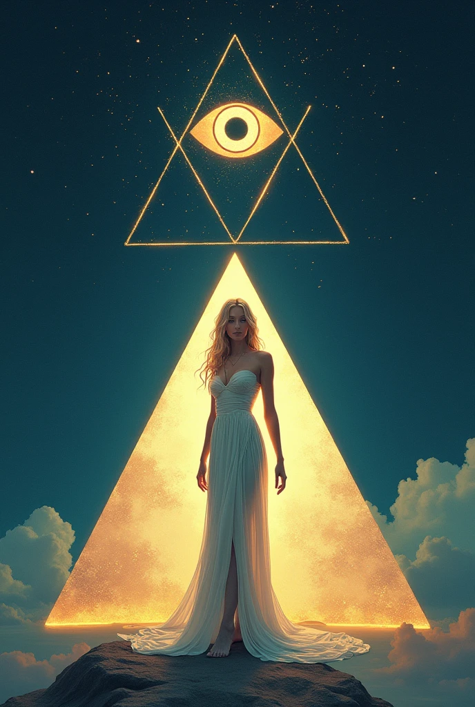 label for beer "MONJE OF SKY": central character: A pretty woman, 200cm tall wide hips, beautiful and blonde in an elegant dress, barefoot looking at the camera. Symbolic Element: The woman is located inside an equilateral triangle, that stands out in the design. bottom: A starry night sky, using bright and light colors. Mystical element: in the sky, There is a second smaller equilateral triangle with an eye in the center (in the style "All-seeing eye").