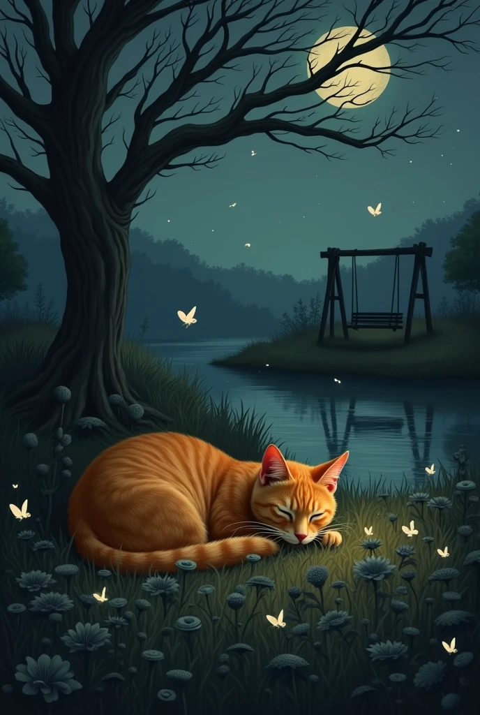 a field at night where there is an orange cat sleeping and black flowers around it and a white butterfly walks around with the few fireflies near the cat, to the light of the Moon, On one side you see a small, old tree with a swing on the tree and next to a pond. Old portrait type with dark colors. Like something out of a horror movie
