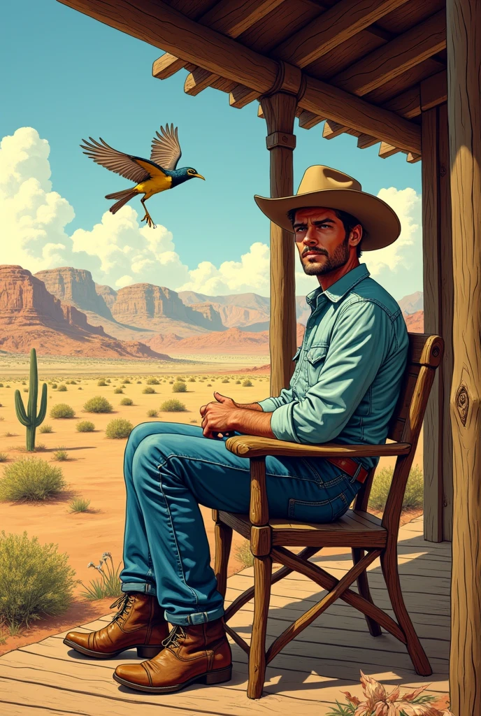 Hyperrealistic color comic 1950s a young cowboy sits on the ranch porch in the desert a lark flies around him