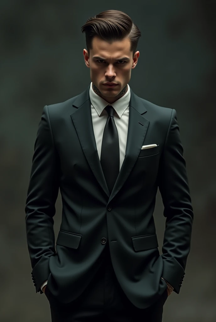 An attractive man, Youngh, mafioso serious look, with hands in pants pockets, using suit, all tattooed