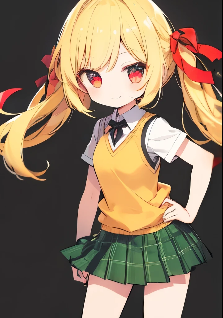 One Girl, Green Skirt, Plaid, Checked Skirt, Southwest High School Uniform, Uniform, Skirt, Sweater Vest, (Yellow Sweater: 1. 3), Short Sleeves, Cartoon Character, Curvy, Cute Face, Full Smile, Strong Eyes, Lots of Eyes, Tender Loving Face, Bright Expression, Twin-tailed Blonde Hair,. red ribbon, wearing red ribbon, clown costume, wearing clown costume, open hand, face in focus, front view, red eyes, two hands, five fingers, no shadow on background, high quality
