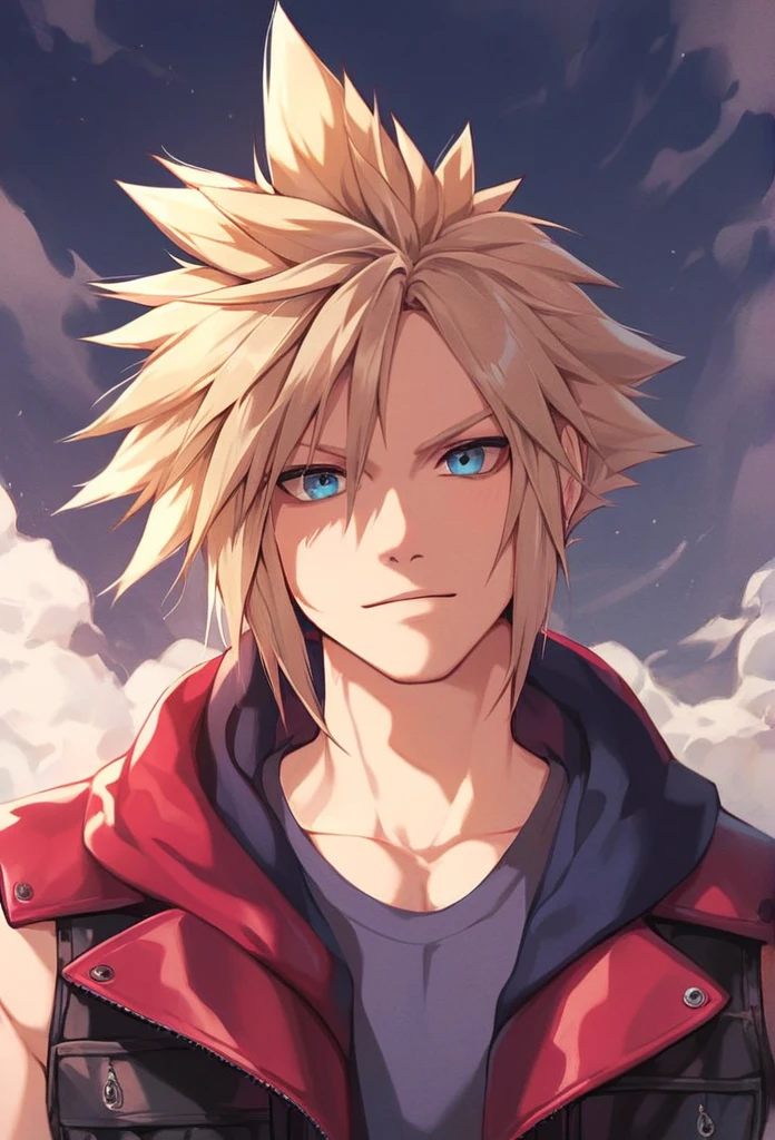1boy, solo, brown hair, dark brown hair, hair likes cloud strife but brown, red hoodie, blue jeans, pretty, emotionless, middle long, red eyes, dark brown hair, conceptual art, super detail, high details, high quality, best quality, pretty, short, emotionless