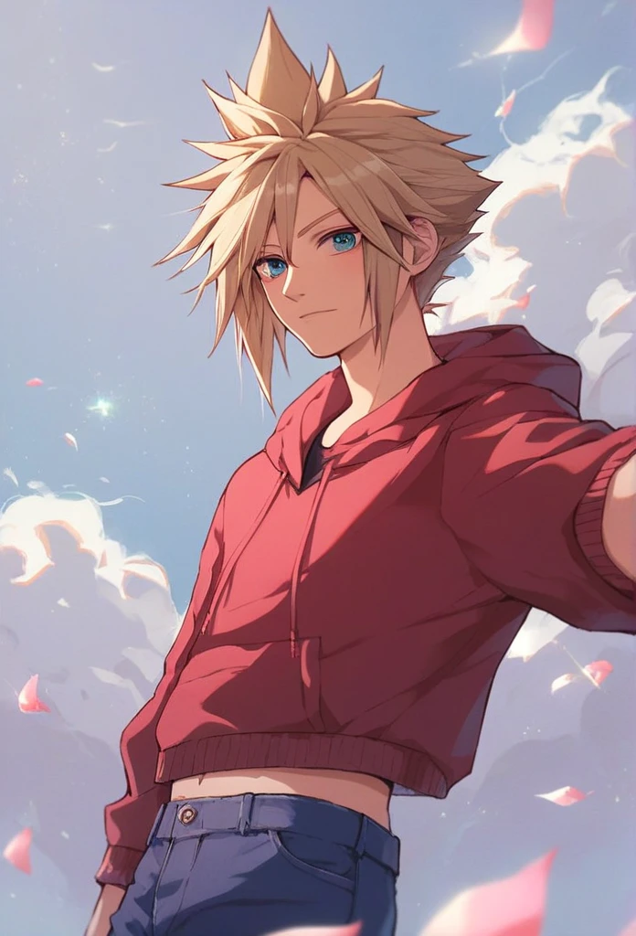 1boy, solo, brown hair, dark brown hair, hair likes cloud strife but brown, red hoodie, blue jeans, pretty, emotionless, middle long, red eyes, dark brown hair, conceptual art, super detail, high details, high quality, best quality, pretty, short, emotionless