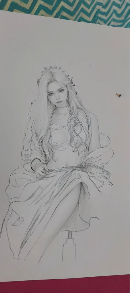 1girl (adult woman:1.2) gold lines, line art, line drawing, (very_long_hair, white_hair:1.3) (portrait:1.3) ganster (coloring book, masterpiece, realistic:1.3), (extremely intricate:1.2), (sketch, zentangle, monochrome, lineart:1.2) sexy pose, offshoulder , bare shoulder, symmetric, dynamic angle, dutch angle, hands grabbing the chest , line art