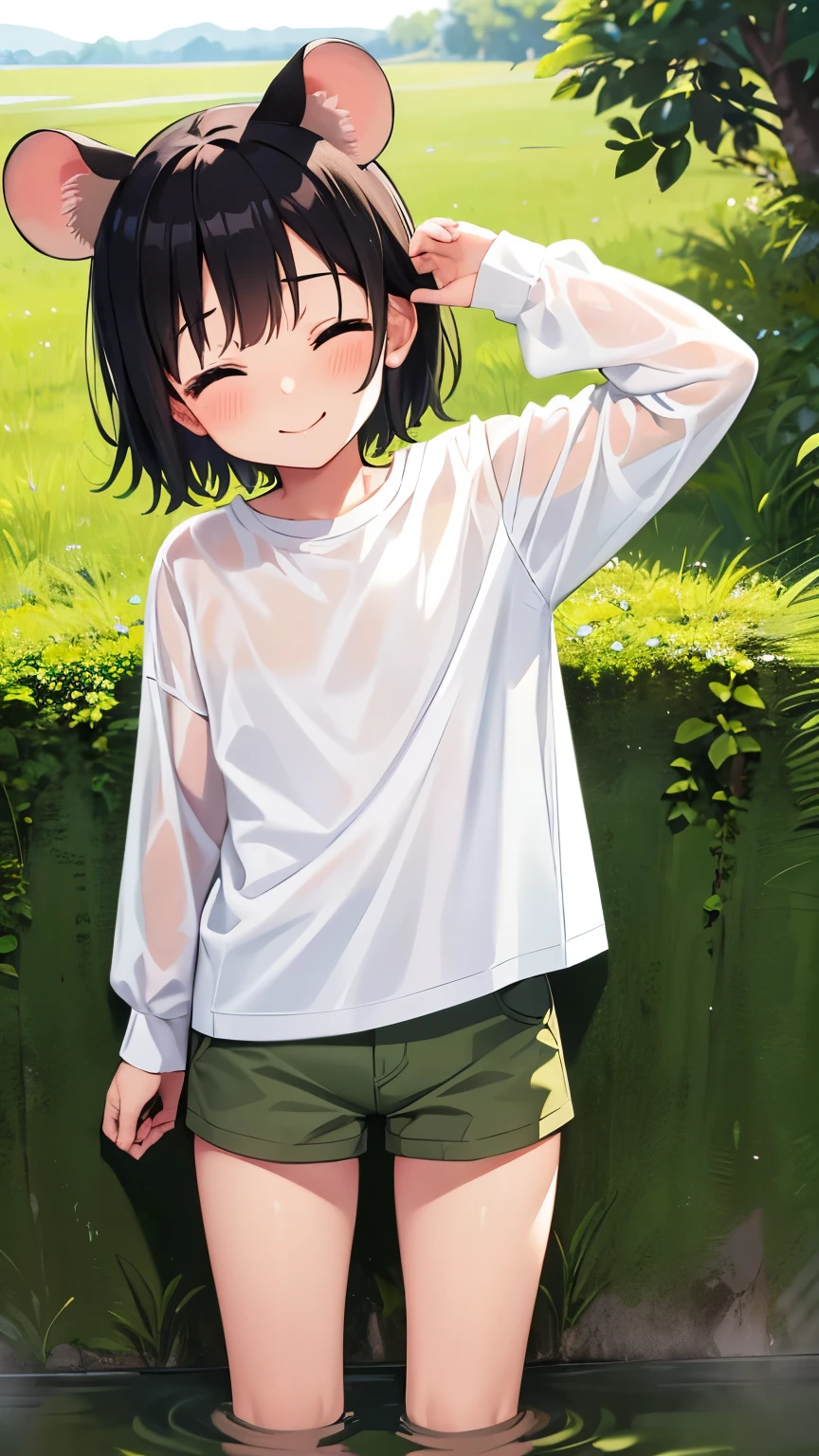Grassland,smile,close your eyes,Small child 1, 1,short hair,Black Hair,blush,White skin,From below,shy,Wet,Please open your mouth wide,Cowboy Shot,Facing forward,Frog costume
