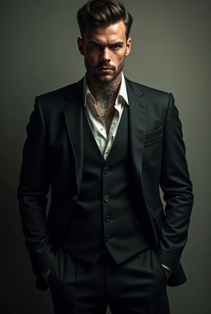 An attractive man, Youngh, mafioso serious look, with hands in pants pockets, using suit, all tattooed
