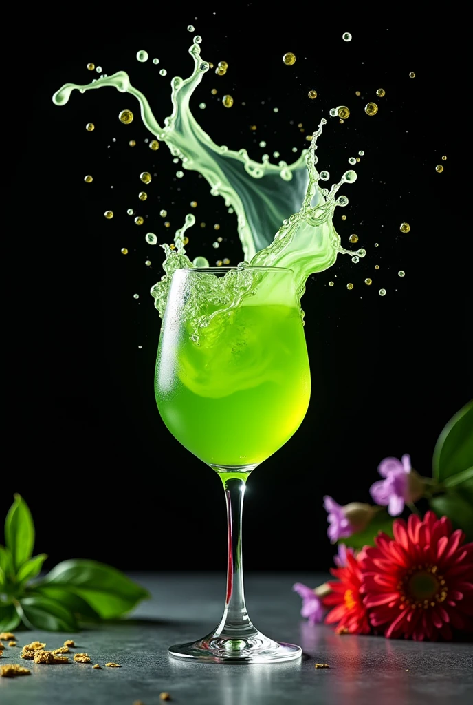 (Movie-like photos:1.3) of (Realistic:1.3) a studio shot of a (explode:0.2) (Splash:0.9) a wine glass of green tea 、Transparent liquid,Splash in the glass,There is little liquid in the glass,
Contains , Splash Image, Full Color, In Kamba, splashes of liquid, Drink, flower, Next to Green Tea Leaves and Flower, Strong colors, ticker, Invoking joy, Water swirls, Fred Marcellin, Top selection when splash is removed, professional food photography, Artistic photography. Black background,Red and purple flowers on the table、Tea leaves fluttering,
Fantasy,A bottle of red wine is beside it,Bottleneck is black,Leaves flutter、Leaves flutter,splash、透明なsplash,