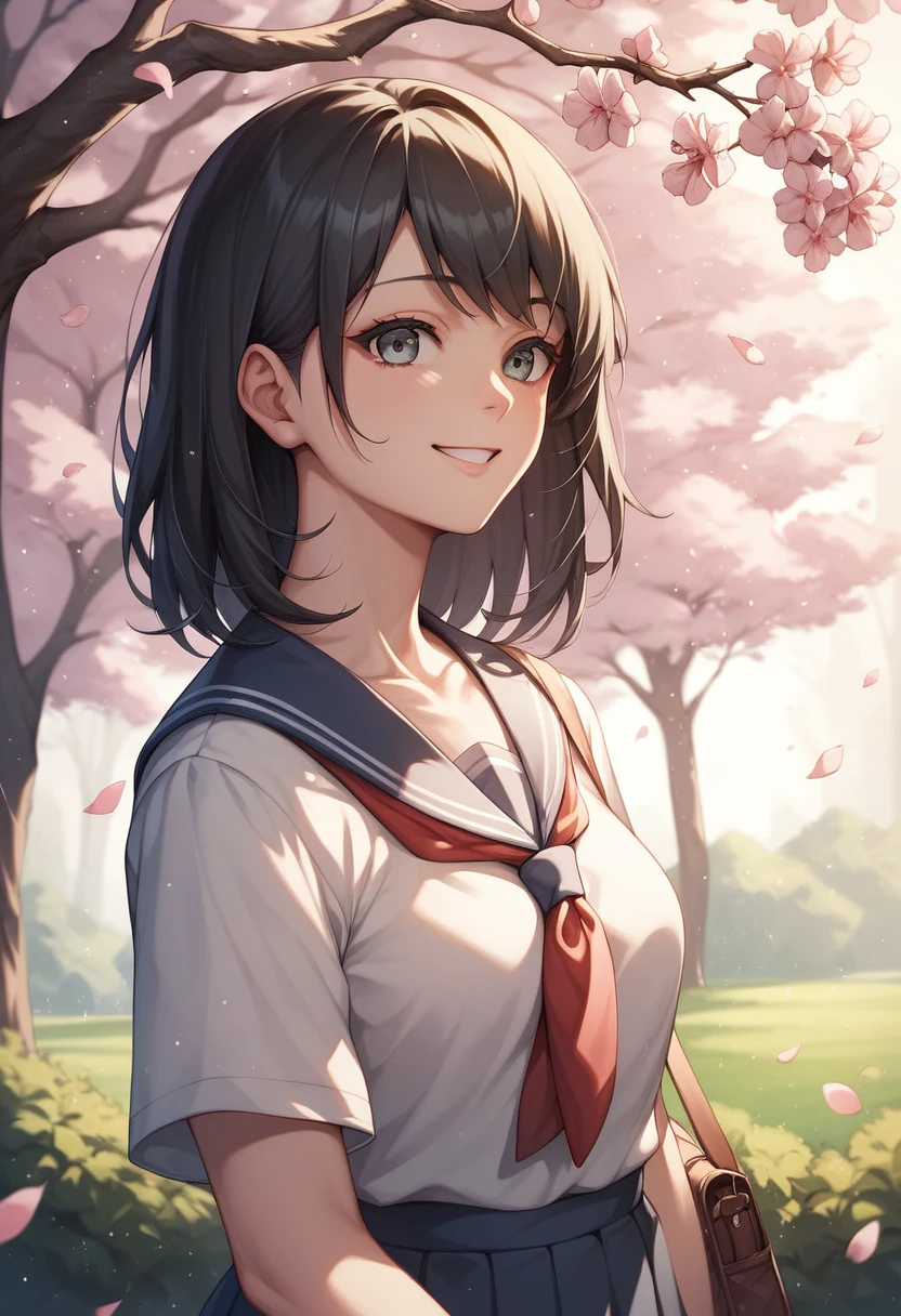 (masterpiece), School, cherry blossoms, Outdoor, One person, Seraphim, Medium Hair, Black Hair, smile, Medium chest, Particles of light, Speckled sunlight