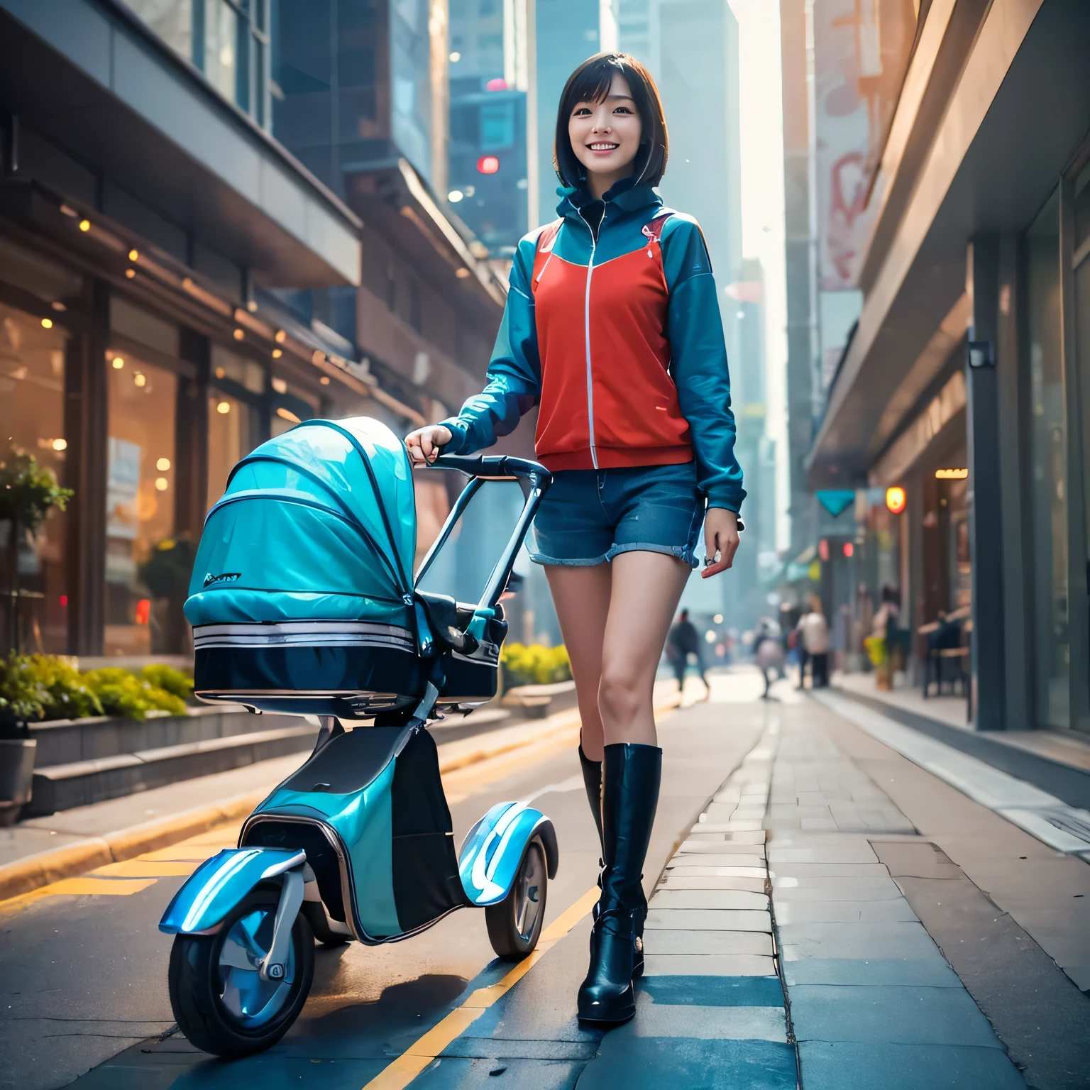 Masterpiece,high resolution,8k,Perfect Face,Perfect body。Smiling woman, 20 years old, in futuristic costume。A realistic Hollywood live-action drama about a boy pushing a futuristic capsule stroller。