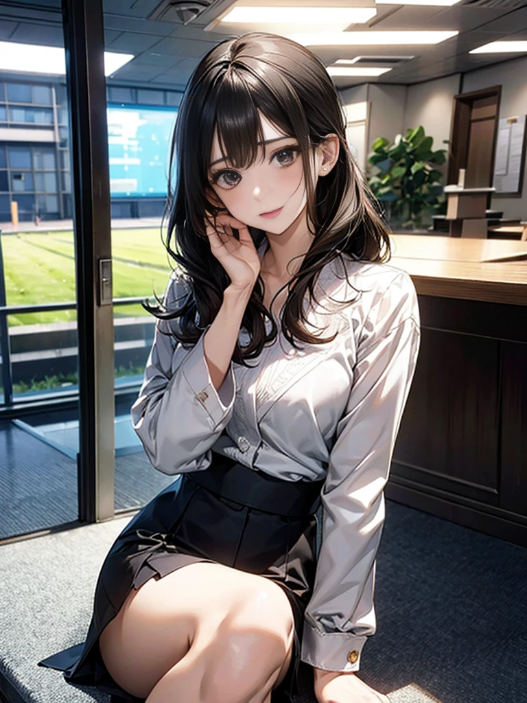 Adult woman with narrowed eyes,career woman,office lady,suit,blouse,Jacket,ribbon,Tight Skirt,pumps,lawyer,nice,gauze, シャネルのsuit,amount,Anatomically correct, Accurate, masterpiece, Highest quality, number々Awards for, Textured skin, retina, retina, Black Hair, Half-up hairstyle, Solemn, column lineup,Cinematic Lighting Effects, Anime Style, Japanese illustration style, Half-up hairstyle, Very mature,Office scenery