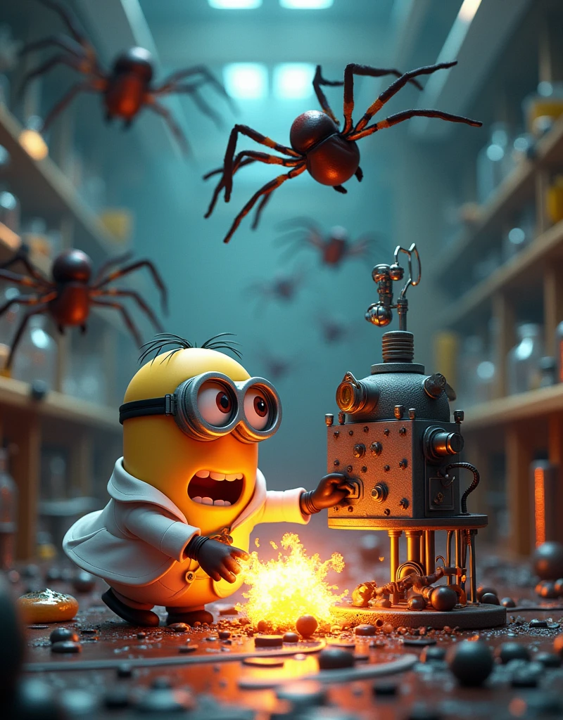 Minion Kevin wearing a scientist suit pushes a large machine towards the spiders,The scene creates a small explosion. The lab was in chaos with equipment scattered everywhere..