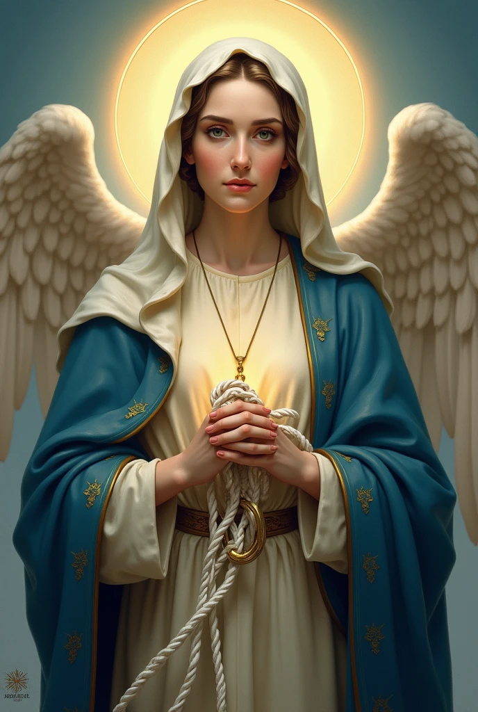 Create three more high-definition images of Our Lady Undoer of Knots, presenting it in a traditional artistic style. Mary must be represented with a serene and maternal expression, with a deep blue cloak and a white tunic. Your eyes should convey compassion and wisdom. The image should include subtle details, like a white and gold sash or ribbon, that she is holding in her hands which symbolizes the action of untying the knots. The cloth of Mary's garment should have a soft shine, reflecting heavenly light. Ao fundo, a halo of soft, golden light should emanate, creating an aura of holiness and peace around Mary. The background should be a soft gradient of blue and gold tones., evoking a sense of serenity and divinity, with two angels around him. Add subtle decorative elements, like small symbols of ropes or undone knots integrated into the background. Include refined details, like delicate textures in the garments and a serene expression on Mary's face. Make sure the image is of high quality and resolution., with special attention to detail and clarity."