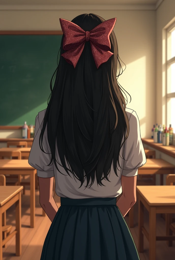 Teacher with her back turned, black hair, brown skin color, with a big Coquette bow in her hair. in the classroom