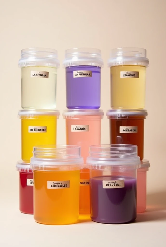 Transparent plastic containers with liquid of the same size and each one with one of these names in Spanish vanilla, lavender, flores, strawberry, lemon, apple cinnamon, coco, green tea, chocolate, rose,
