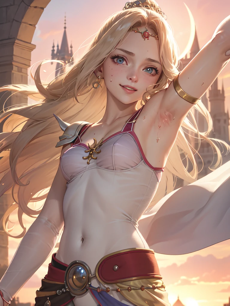 Armpit Show,masterpiece, Highest quality, Rosafarell, Pauldrons, Circlet, camisole, Elbow hand pockets, Waist clothes, Upper Body, View your viewers, smile, Medieval architecture, null, sunset, sweaty, sweat armpits, close up, sweaty body