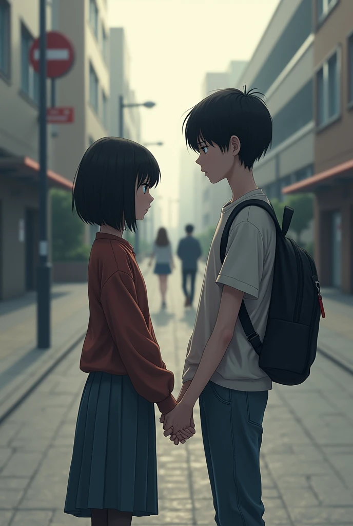 Short black haired teenage girl with a cold and depressing expression with black haired teenage boy . The two holding hands in the background of a square