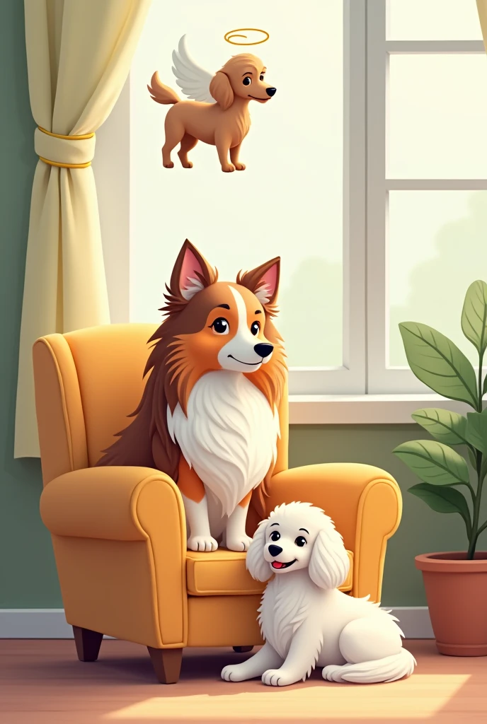 Create a cartoon An adult female Collie breed (long hair and pointed nose) light brown and white; sitting on an armchair, Next to her a small white toy poodle dog lying down. And above them a beige poodle dog with wings and an angel halo. And next to the chair a brown Collie dog