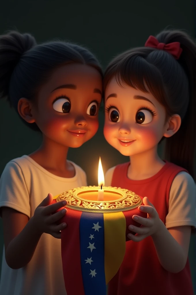 Image on black background two children, one dark-skinned and one white girl holding a candle ring in the upper part of the image the flag of Venezuela with golden ornaments hollowed out in the lower part and the image must look realistic