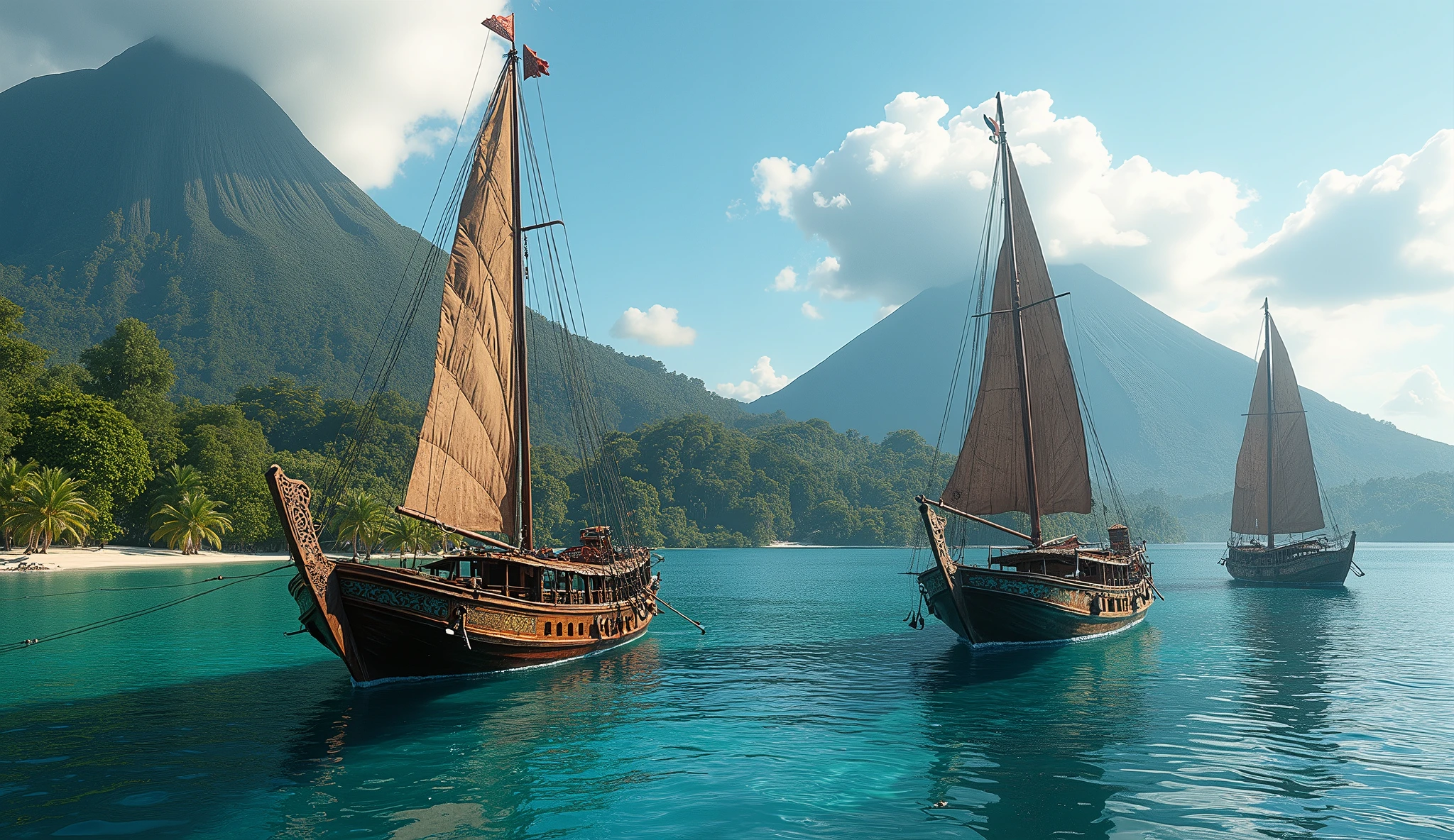 Ancient Ternate island, Maluku, Indonesia, Corcora ships with outrigger, kora-kora, hyper realistic, masterpiece, best quality, ultra-detailed, UHD, 64K