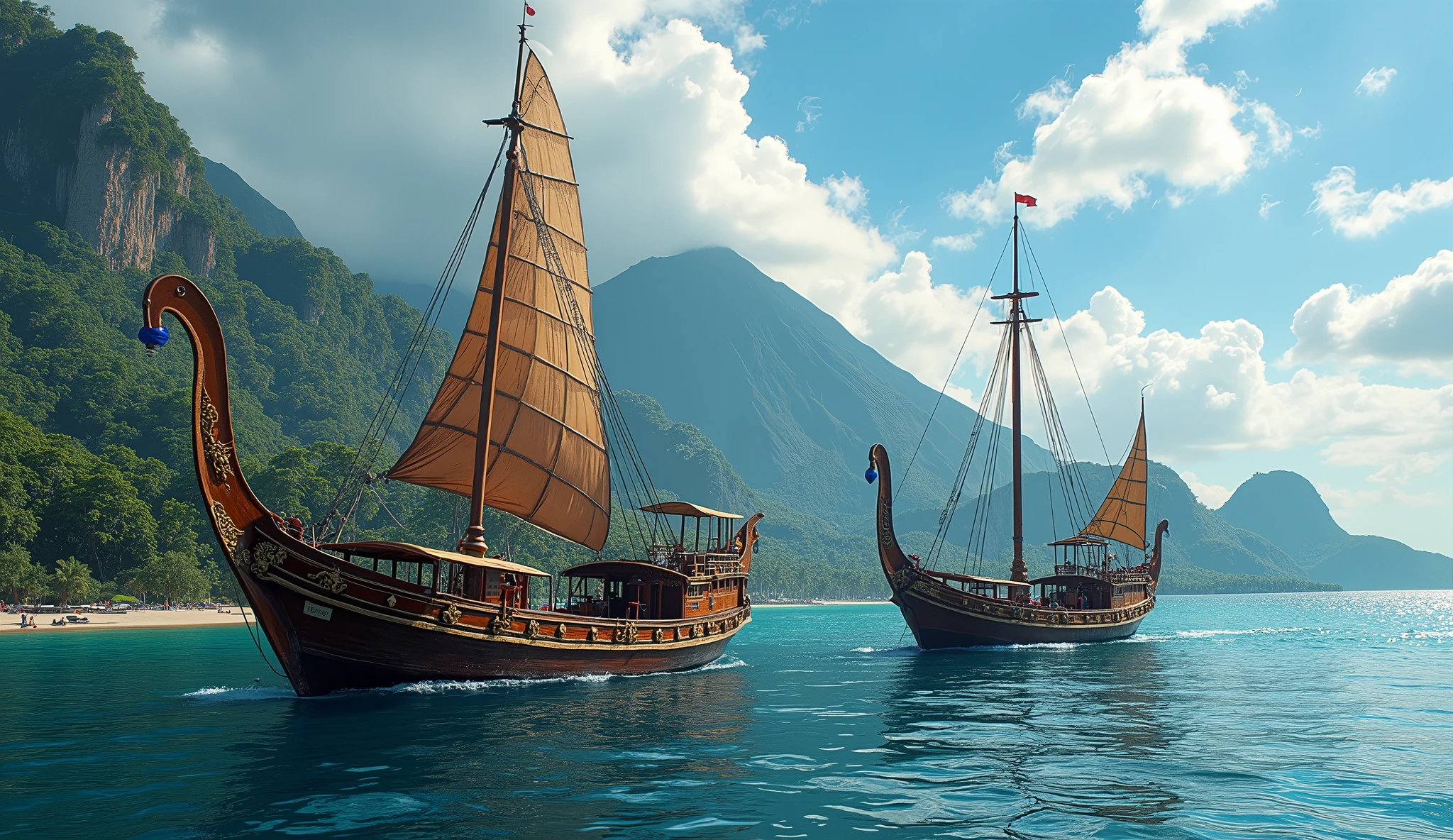 Ancient Ternate island, Maluku, Indonesia, Corcora ships with outrigger, kora-kora, hyper realistic, masterpiece, best quality, ultra-detailed, UHD, 64K