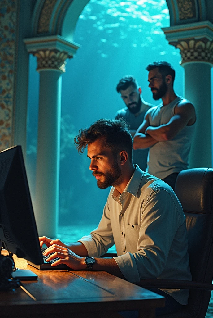 Draw a man playing computer and his angry friends watch behide him in posidon home