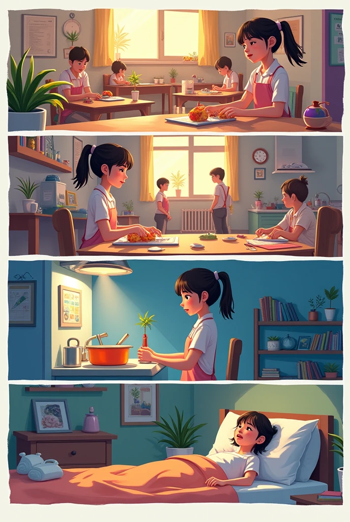 Make me a four frame comic of a teenage girl in the first frame getting ready, in the second at school, On the third floor working cooking and on the fourth floor sleeping